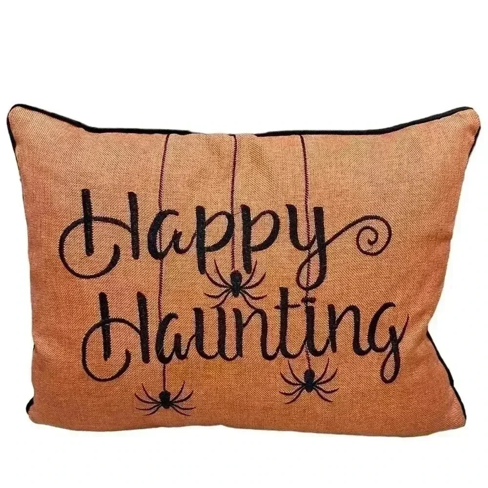 Secret Celebrity Halloween Throw Pillow Happy Haunting  Spider Orange